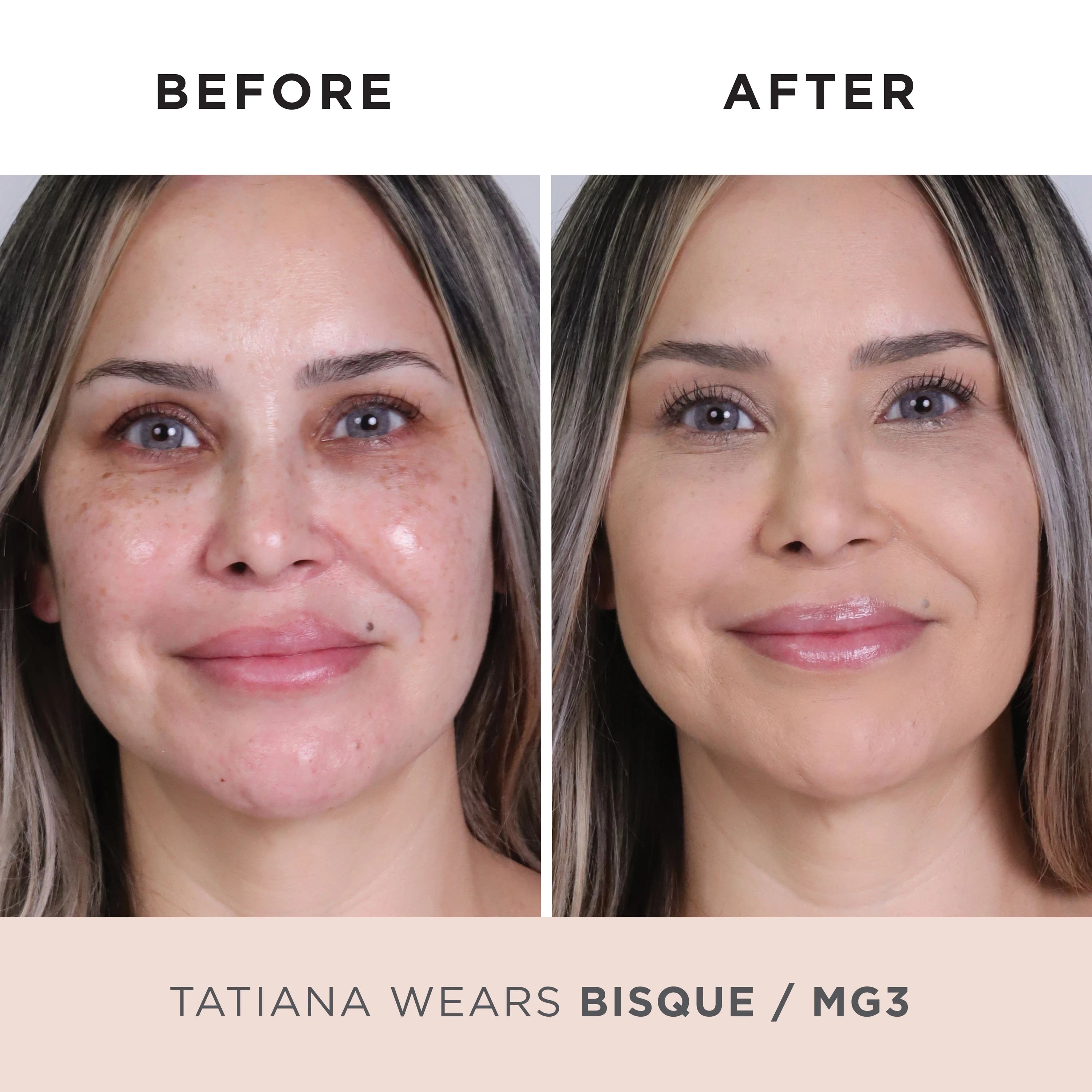 Model Before and After MG3 #bisque-mg3-light-medium-w/-golden-undertones