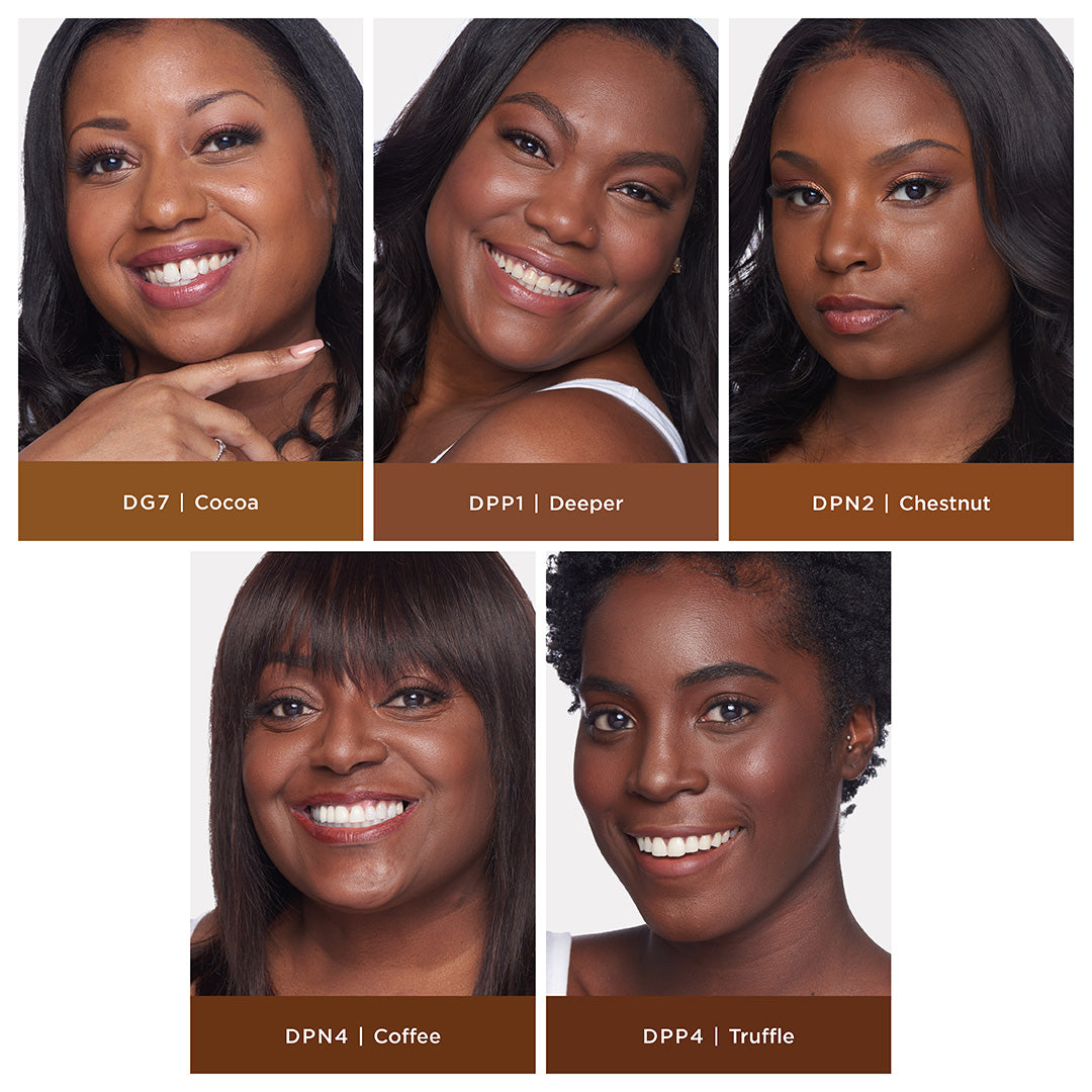4 - in - 1 Pressed Mineral Makeup Broad Spectrum SPF 15 - PÜR Beauty - Cocoa Deeper Chestnut Coffee Truffle Shades Models Collage Chart