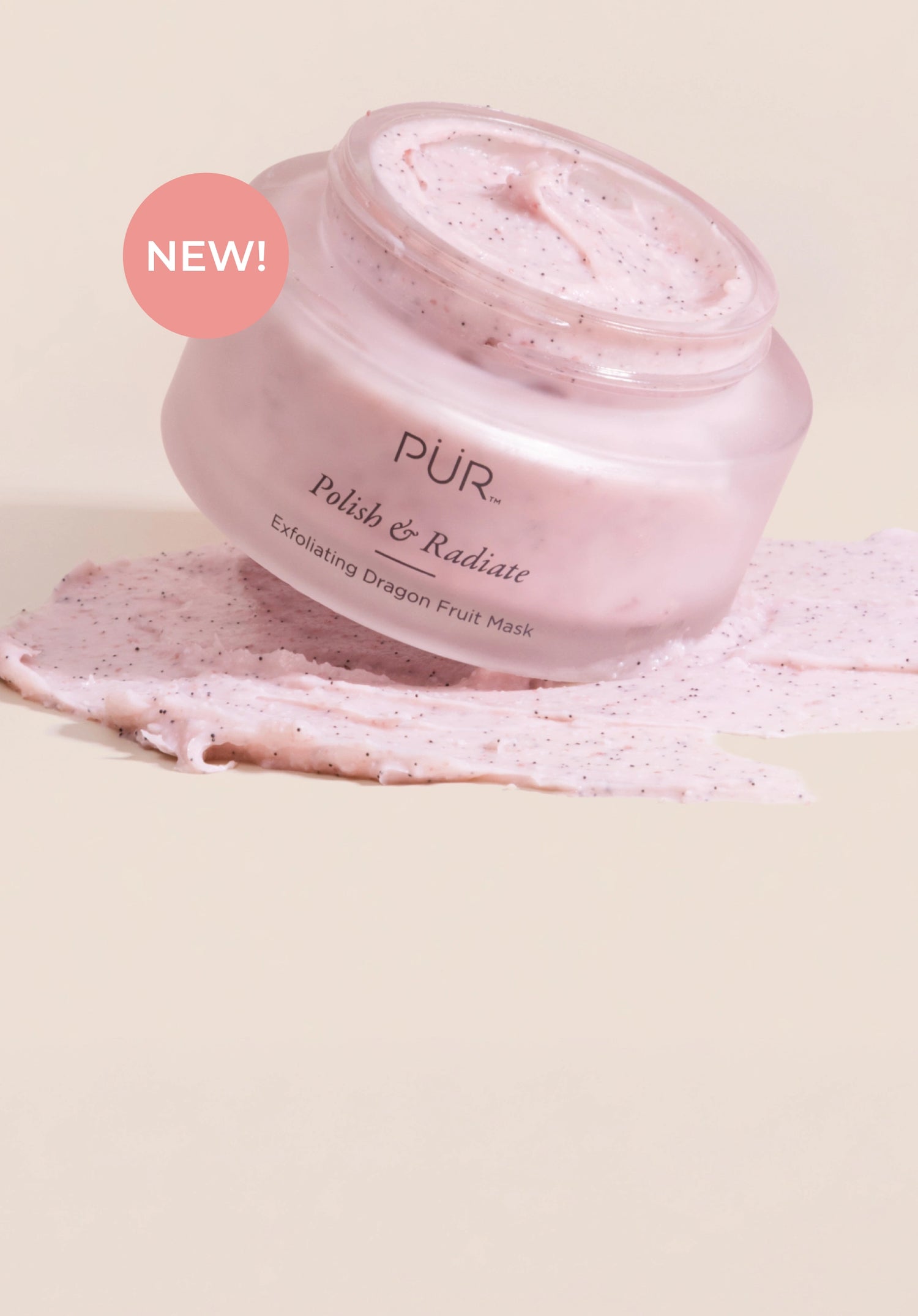Polish & Radiate Exfoliating Dragon Fruit Mask - Free Spa Headband: Silo sitting in product with new badge against cream background (mobile)