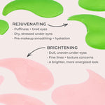 Mellow Eyes - Green rejuvenating eye patches and pink brightening eye patches against cream background