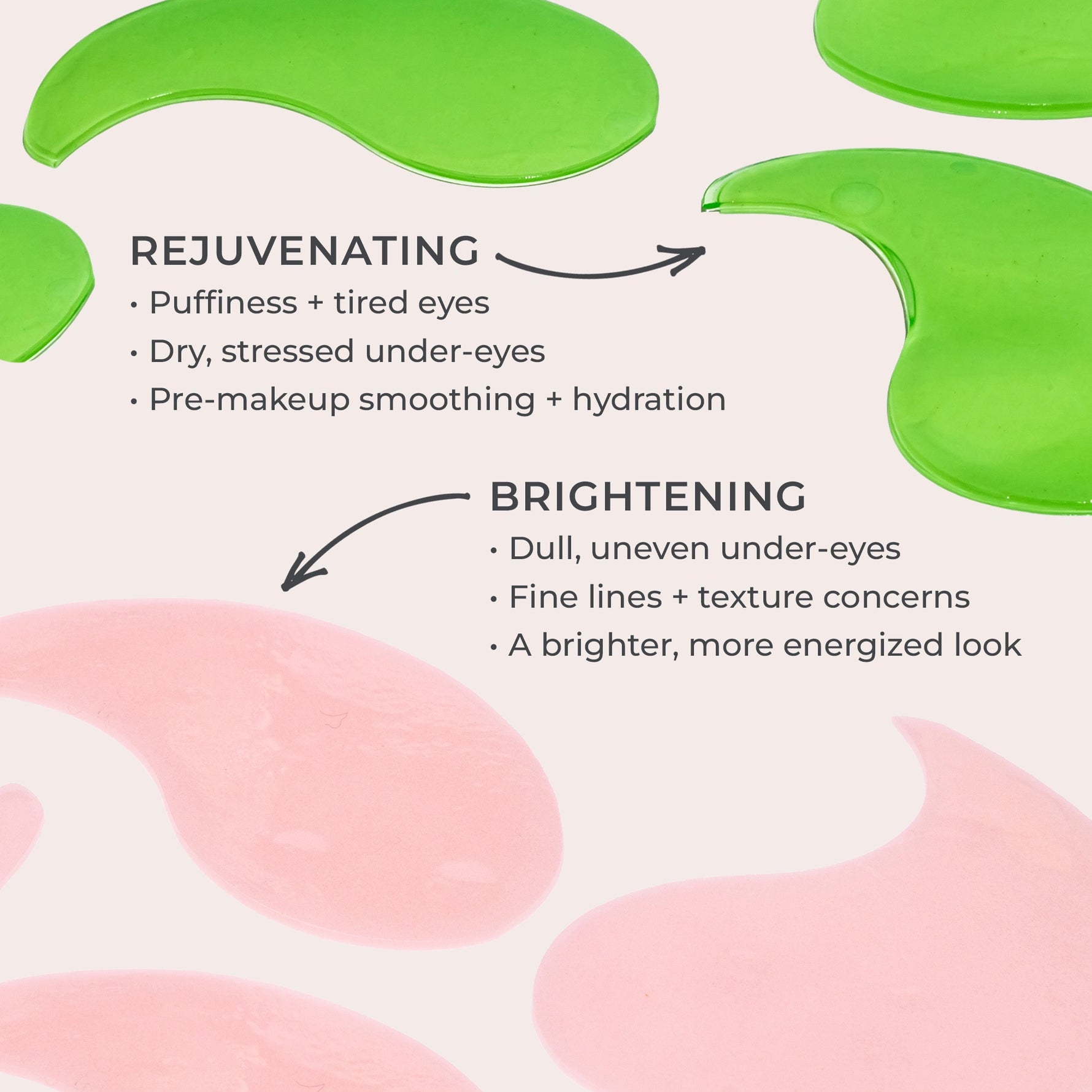 Mellow Eyes - Green rejuvenating eye patches and pink brightening eye patches against cream background