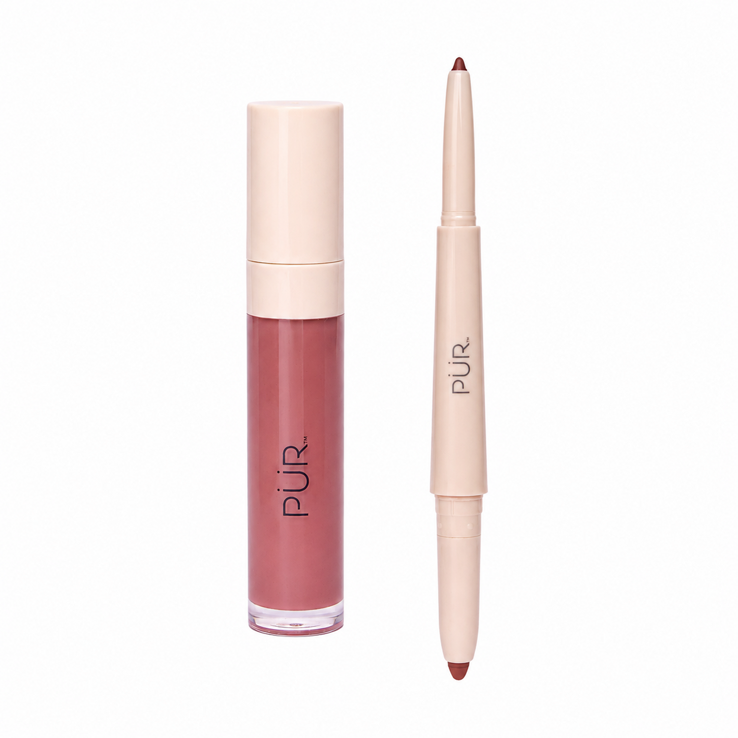 Perfect Lip Bundle - Glossy Lip Tint Plumping Tinted Lip Oil and Silky Sculpt Dual-Ended Lip Liner silos against white background