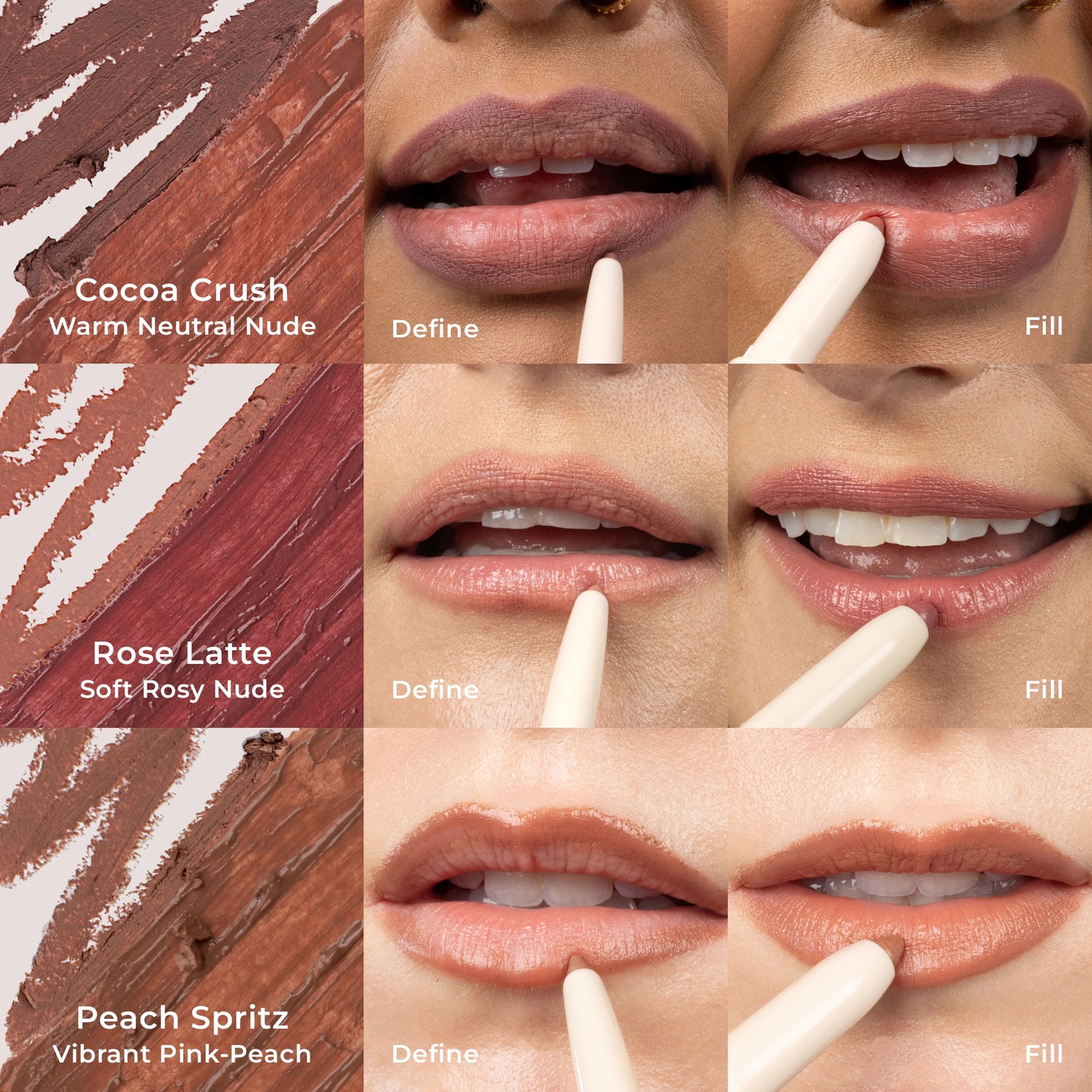 Silky Sculpt - Demonstration of color for Cocoa Crush, Rose Latte, and Peach Spritz