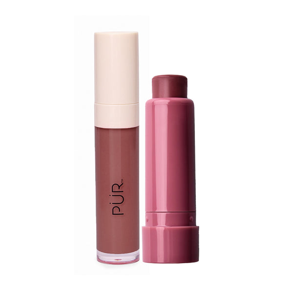 Glossy lip tint and silky tint duo featuring a nude liquid tint in a beige cap beside a pink bullet lipstick