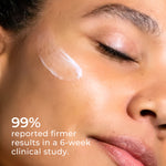 Close-up of a woman applying Get A Lift Firming Facial Cream to her cheek with text showing 99% reported firmer-looking skin after six weeks.
