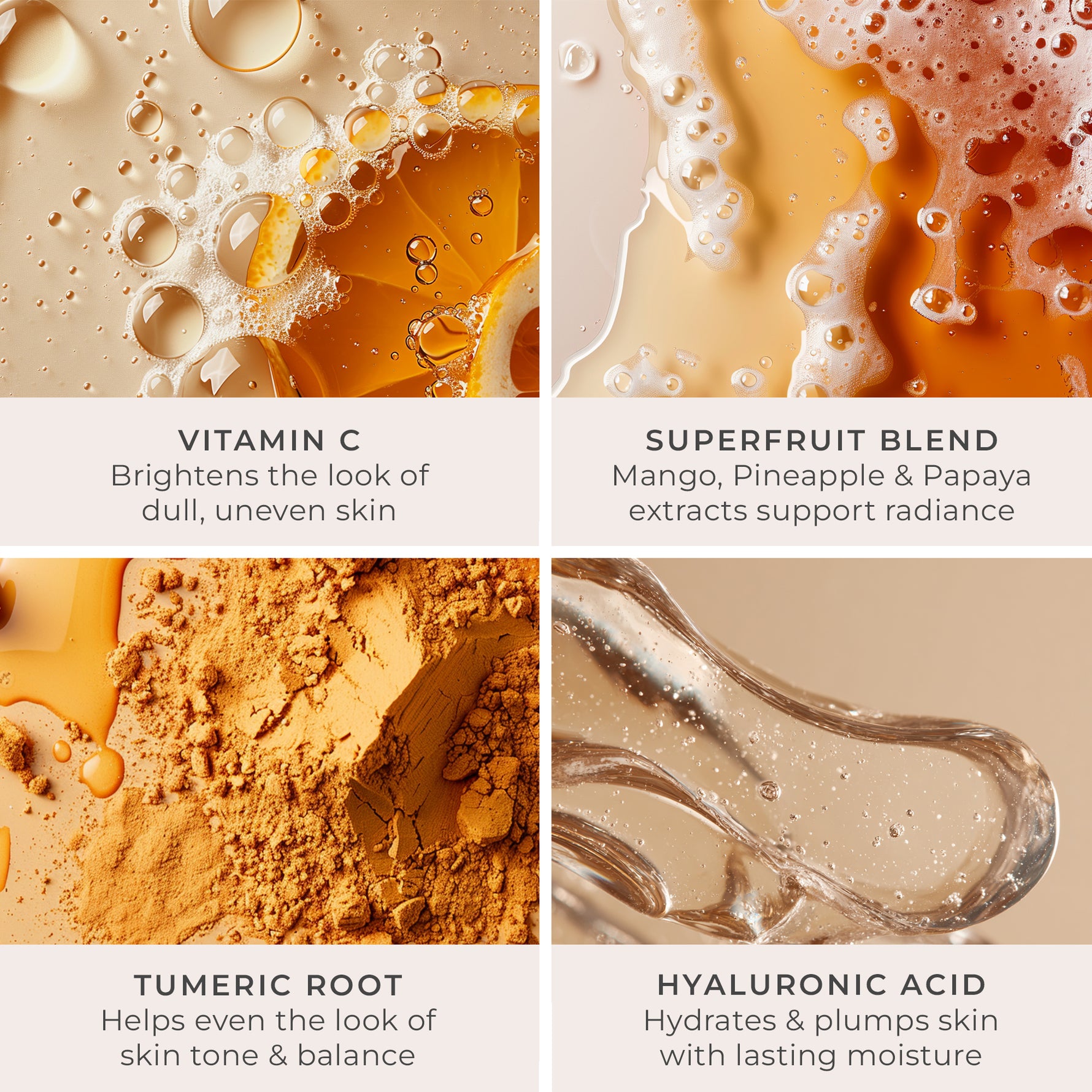 Four key ingredients of PÜR Tropical C Moisturizer: Vitamin C for brightness, Superfruit Blend of mango + pineapple + papaya, Turmeric Root for tone balance, and Hyaluronic Acid for deep hydration.