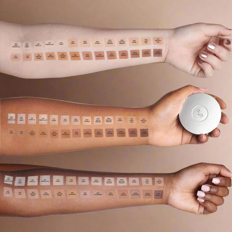 4-in-1 Pressed Arm Swatch of all Shades on three skin colors - Light, medium/tan, dark 