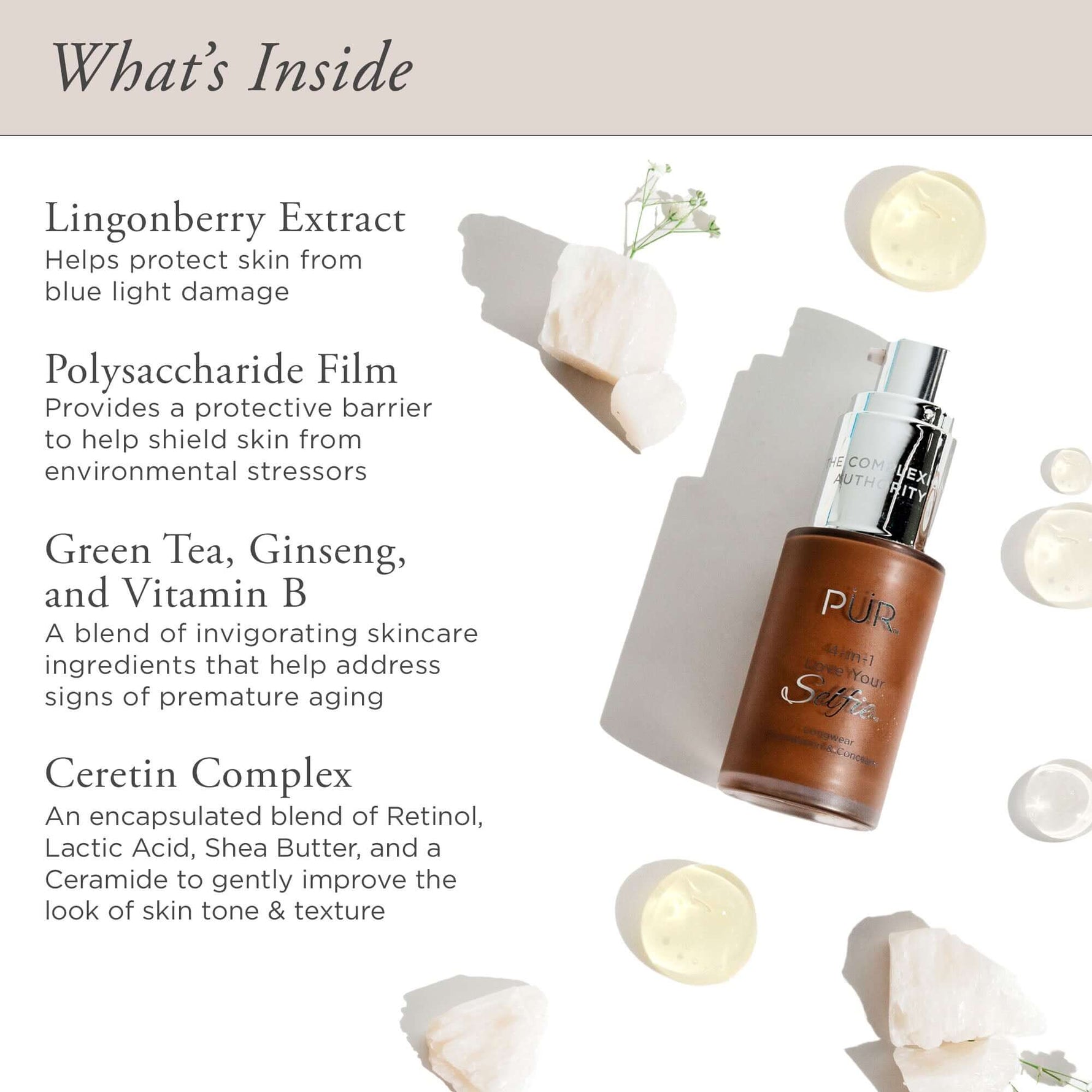 What's Inside: Lingonberry Extract, Polysaccharide Film, Green Tea, Ginseng, Vitamin B, & Ceretin Complex